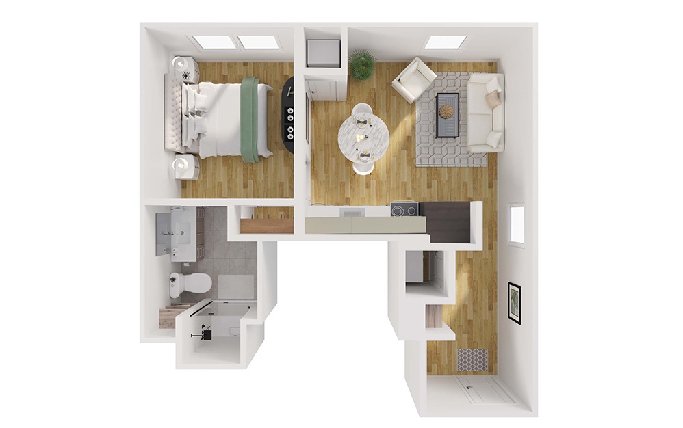 A1 - 1 bedroom floorplan layout with 1 bathroom and 589 square feet (3D)