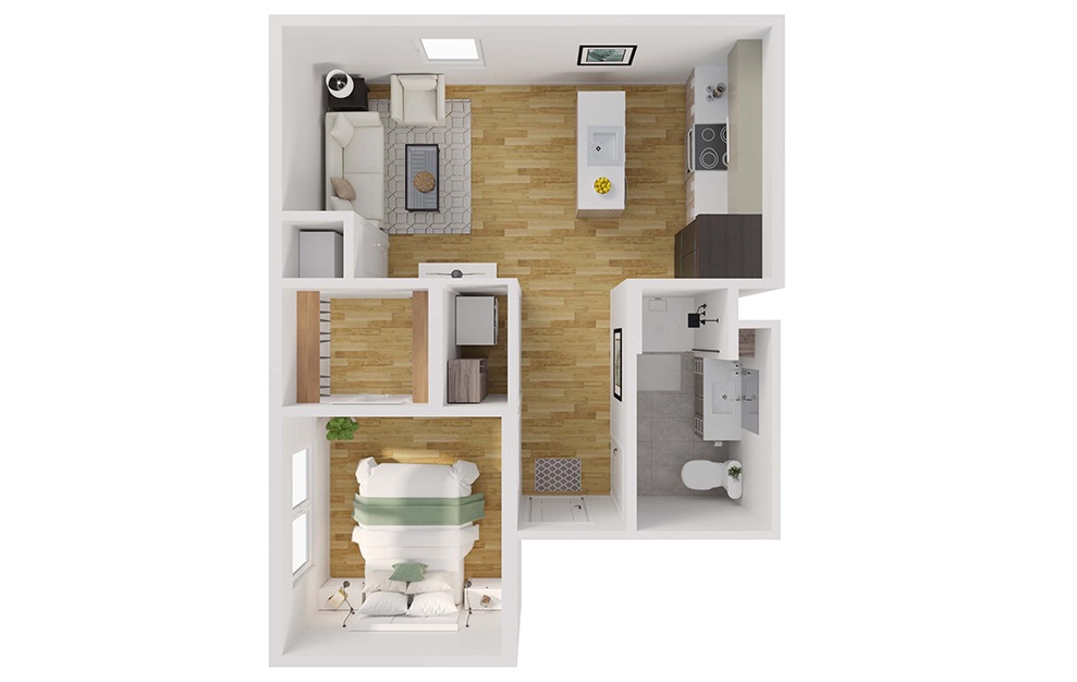 A2 - 1 bedroom floorplan layout with 1 bath and 592 square feet. (3D)