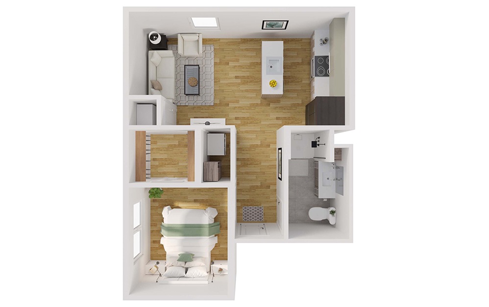 A2 - 1 bedroom floorplan layout with 1 bathroom and 592 square feet (3D)