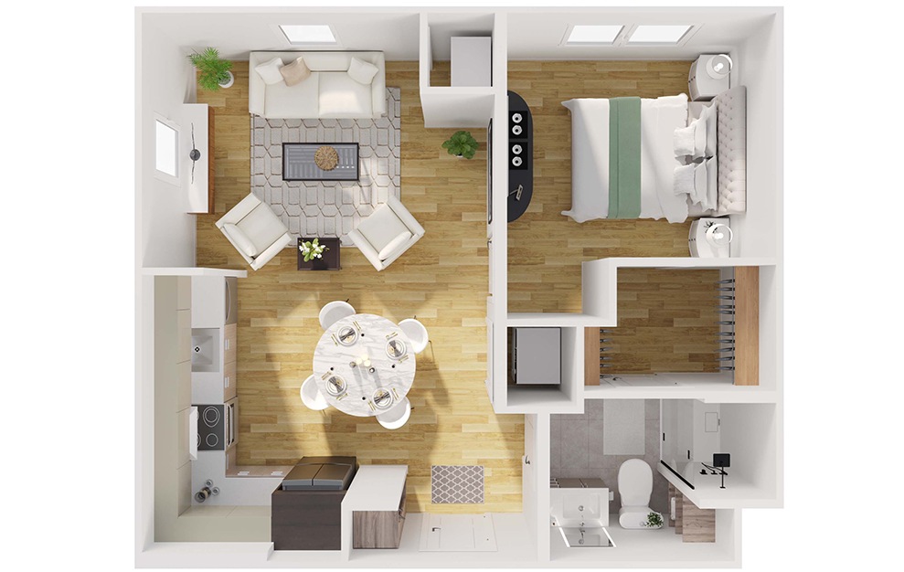 A3 - 1 bedroom floorplan layout with 1 bath and 603 to 634 square feet. (3D)