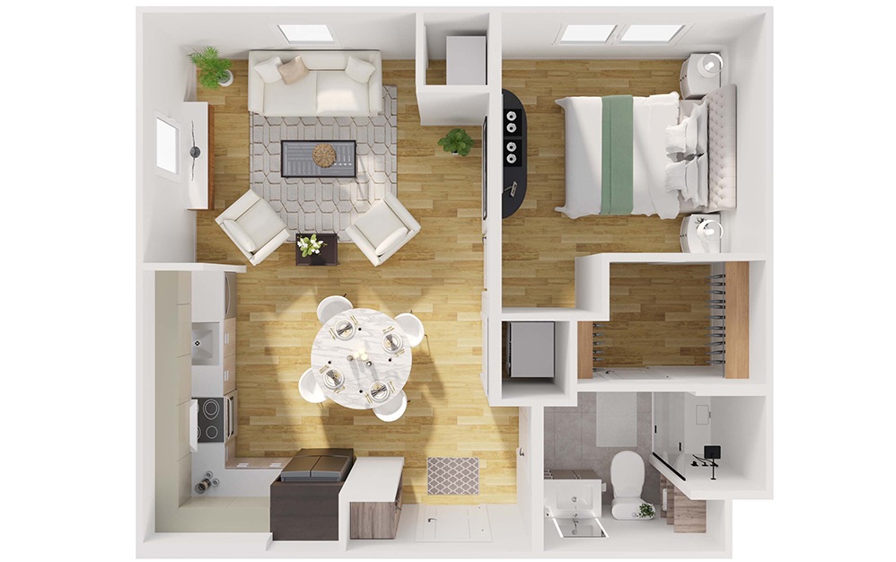 A3 - 1 bedroom floorplan layout with 1 bathroom and 603 - 634 square feet (3D)