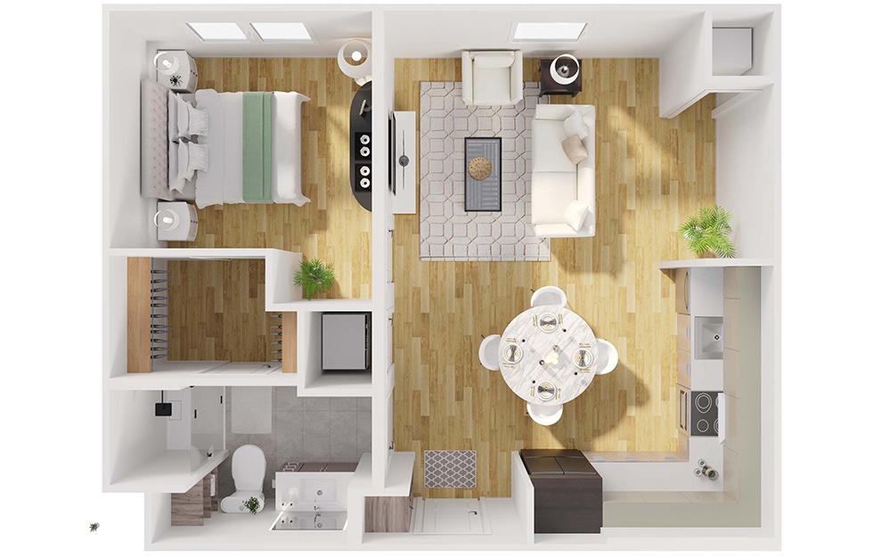 A4 - 1 bedroom floorplan layout with 1 bath and 676 to 692 square feet. (3D)