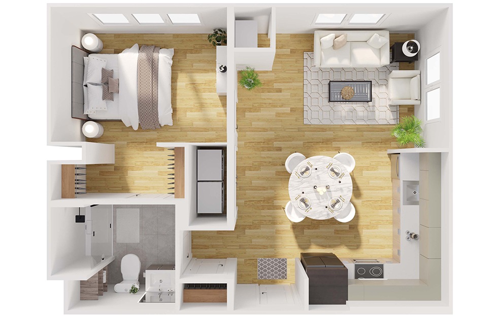 A5 - 1 bedroom floorplan layout with 1 bath and 702 square feet. (3D)