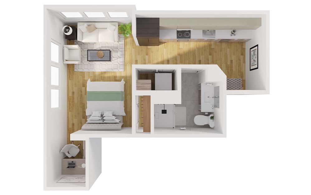 S1 - Studio floorplan layout with 1 bathroom and 464 square feet (3D)