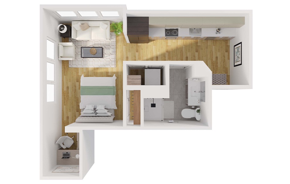 S1 - Studio floorplan layout with 1 bath and 464 square feet. (3D)