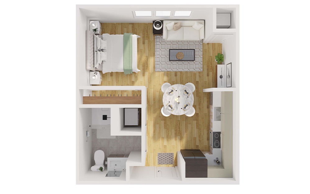 S2 - Studio floorplan layout with 1 bathroom and 498 square feet (3D)