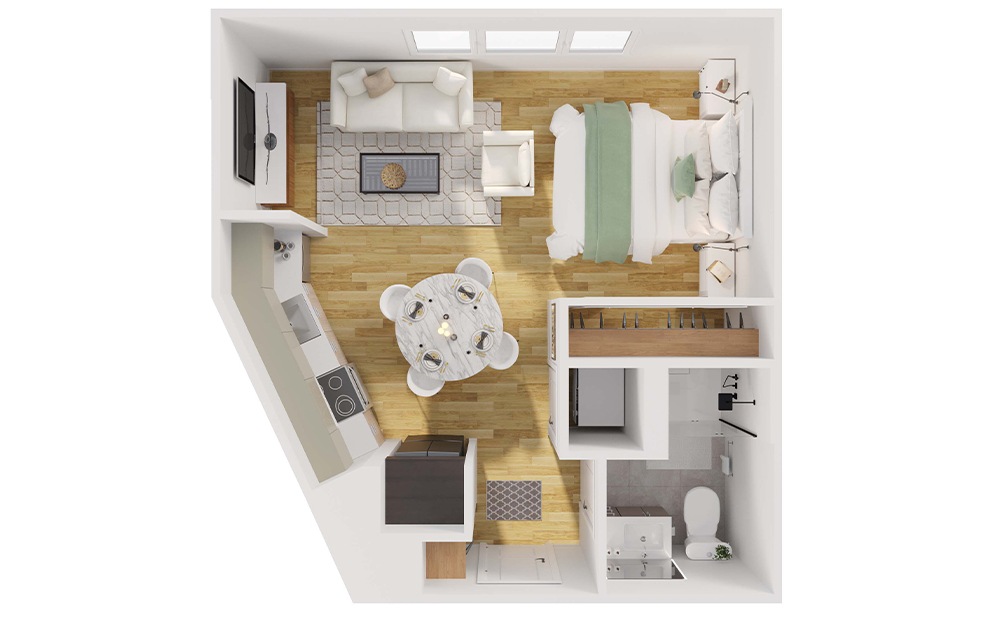 S3 - Studio floorplan layout with 1 bath and 500 square feet. (3D)