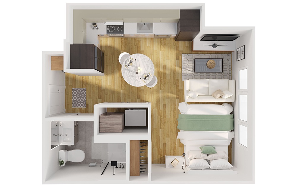 S4 - Studio floorplan layout with 1 bathroom and 500 square feet (3D)